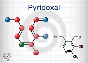 Pyridoxal molecule. It is form of vitamin B6. Molecule model. Skeletal chemical formula and molecule model. Sheet of paper in a