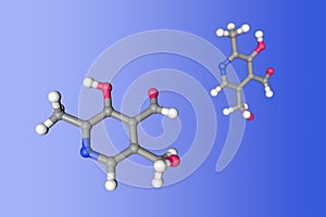 Pyridoxal , one of the forms of vitamin b6. Molecular model on blue background. 3d illustration