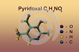 Pyridoxal, one of forms of vitamin b6. Structural chemical formula and molecular model. 3d illustration