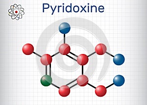 Pyridoxine molecule. It is form of vitamin B6. Molecule model. Sheet of paper in a cage. Vector