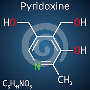 Pyridoxine molecule. It is form of vitamin B6. Structural chemical formula on the dark blue background. Vector