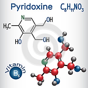 Pyridoxine molecule, is a vitamin B3. Structural chemical formula and molecule model.