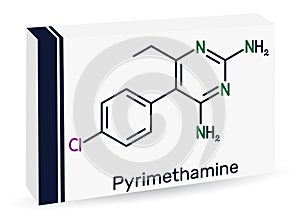 Pyrimethamine molecule. It is antiparasitic drug, used in the treatment of toxoplasmosis, malaria. Skeletal chemical formula. photo