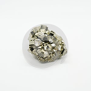 Pyrite crystal isolated, sulfide mineral on white background