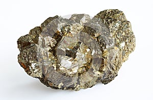 Pyrite mineral crystals on white background. Coal pyrite