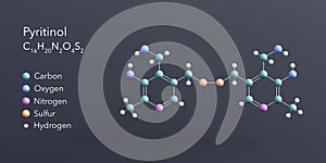 pyritinol molecule 3d rendering, flat molecular structure with chemical formula and atoms color coding