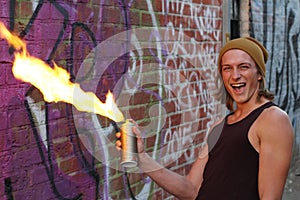 Pyromaniac having fun with flammable can