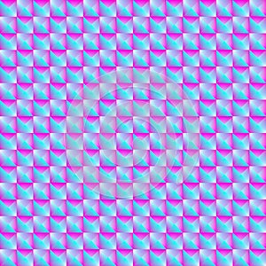Pyromidal pattern of blue squares and pink striped triangles