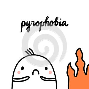 Pyrophobia hand drawn illustration with cute marshmallow and fire