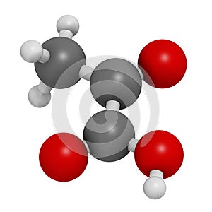 Pyruvic acid (pyruvate) molecule. Important intermediate in a number of biochemical processes. Atoms are represented as spheres