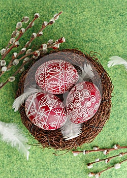 Pysanky, decorated Easter eggs in the nest