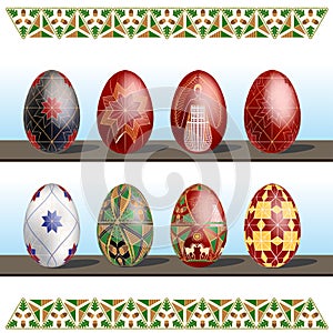 Pysanky - traditional eastern Europe decorated with wax Easter Eggs. Vector illustration over white background.