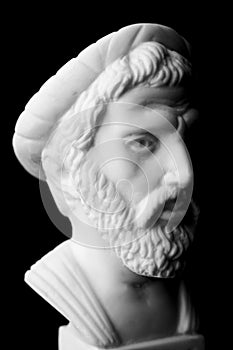 Pythagoras of Samos, was an important Greek philosopher, mathematician, geometer and music theorist. White marble bust. photo