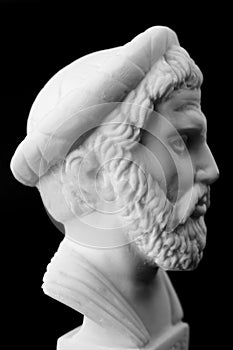 Pythagoras of Samos, was an important Greek philosopher, mathematician, geometer and music theorist. White marble bust.
