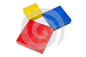 Pythagorean theorem shown with colorful wooden cubes, side view photo