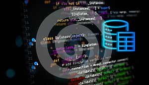 Python code for database connection with glowing neon database icon, symbolizing backend development, data engineering, and