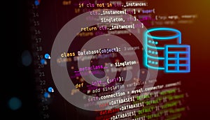 Python code for database connection with glowing neon database icon, symbolizing backend development, data engineering, and