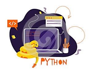 Python code language sign. Programming coding and developing concept.