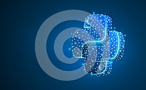 Python coding language sign. Device, programming, developing concept. Abstract, digital, wireframe, low poly mesh, vector blue