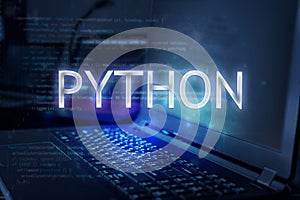 Python inscription against laptop and code background. Learn python programming language, computer courses, training