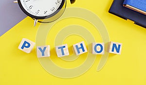 Python modern programming language for software development or application concept, Business concept, Top view, flat lay