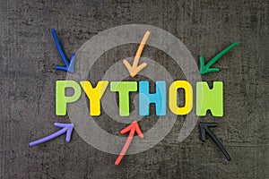 Python modern programming language for software development or application concept, multi color arrows pointing to the word Python