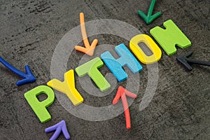 Python modern programming language for software development or application concept, multi color arrows pointing to the word Python