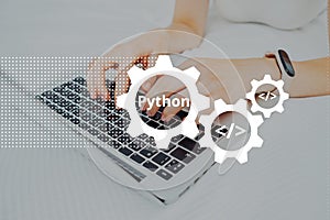 Python programming code language learning concept with person and laptop