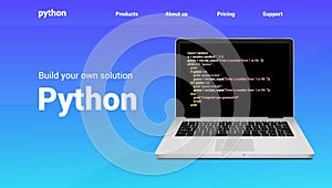 Python programming code technology banner. Python language software coding development website design