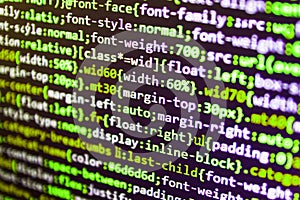 Python programming developer code. Closeup of Java Script, CSS and HTML code.