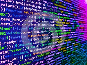 Python programming developer code. Programmer working in a software develop company office. Application web source code on monitor