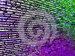 Python programming developer code. Web developer HTML code with CSS on screen. Code on dark background. Php code on blue