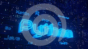 Python programming language and other computer languages on technology background.