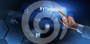 Python Programming Language. Programing workflow abstract algorithm concept on virtual screen.