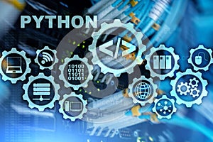 Python Programming Language on server room background. Programing workflow abstract algorithm concept on virtual screen