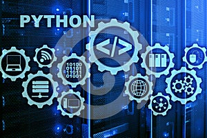 Python Programming Language on server room background. Programing workflow abstract algorithm concept on virtual screen.