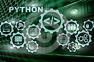 Python Programming Language on server room background. Programing workflow abstract algorithm concept on virtual screen