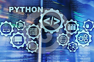 Python Programming Language on server room background. Programing workflow abstract algorithm concept on virtual screen