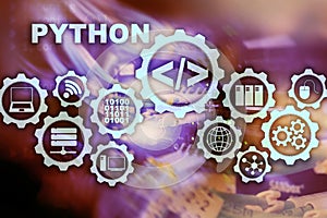 Python Programming Language on server room background. Programing workflow abstract algorithm concept on virtual screen