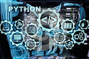 Python Programming Language on server room background. Programing workflow abstract algorithm concept on virtual screen