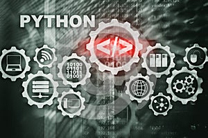 Python Programming Language on server room background. Programing workflow abstract algorithm concept on virtual screen