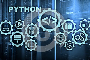 Python Programming Language on server room background. Programing workflow abstract algorithm concept on virtual screen