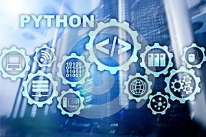 Python Programming Language on server room background. Programing workflow abstract algorithm concept on virtual screen