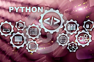 Python Programming Language on server room background. Programing workflow abstract algorithm concept on virtual screen.