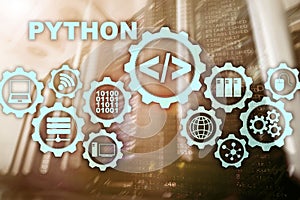 Python Programming Language on server room background. Programing workflow abstract algorithm concept on virtual screen.