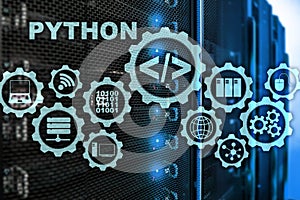 Python Programming Language on server room background. Programing workflow abstract algorithm concept on virtual screen.