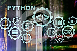 Python Programming Language on server room background. Programing workflow abstract algorithm concept on virtual screen