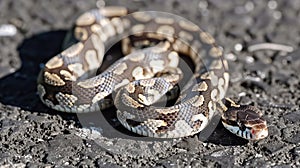 Python Snake Coiled on Black Sand