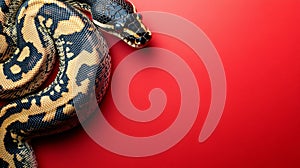 Python Snake on Red Background Displaying Scales and Pattern