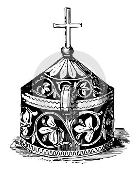 Pyx is a small used in the Catholic church vintage engraving